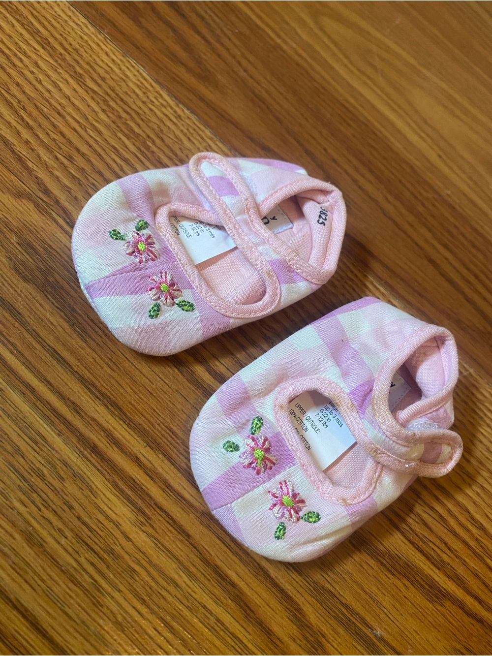 GAP Pink Plaid Mary Jane Baby Booties with Floral Embroidery